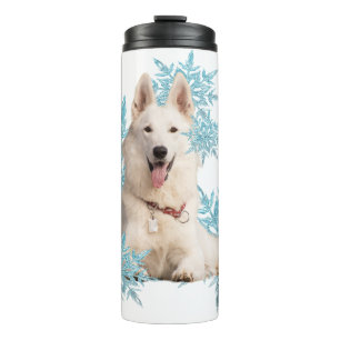 White German Shepherd laying in the Snowflakes Thermal Tumbler