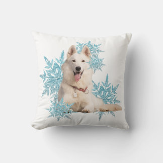White German Shepherd laying in the Snowflakes Throw Pillow