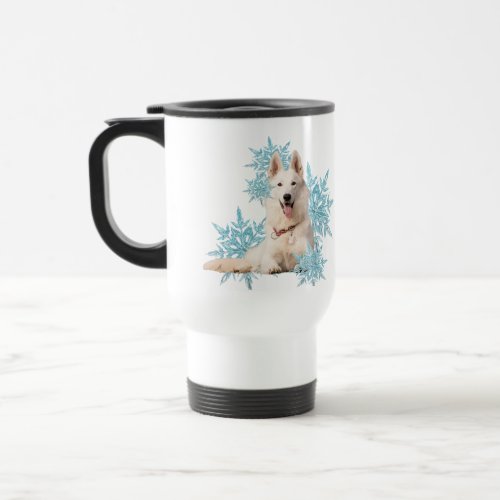 White German Shepherd laying in the Snowflakes Travel Mug