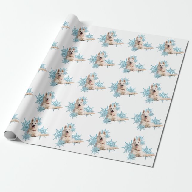White German Shepherd laying in the Snowflakes  Wrapping Paper (Unrolled)