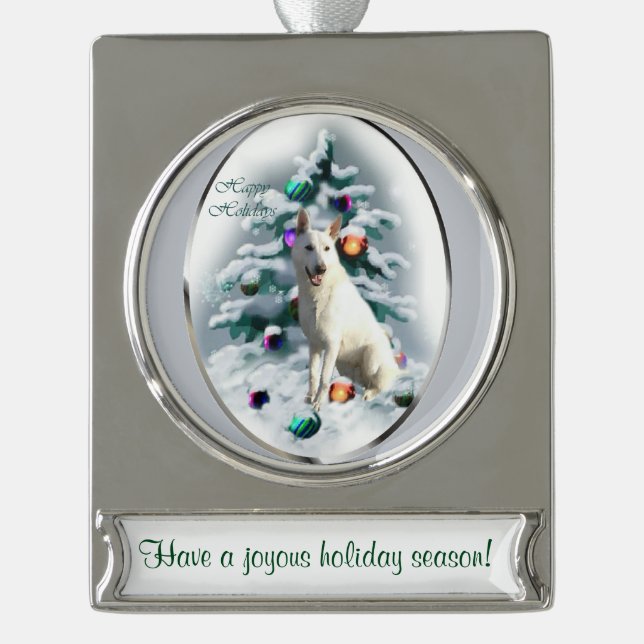 White German Shepherd Personalized Christmas Silver Plated Banner Ornament (Front)
