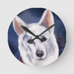 WHITE GERMAN SHEPHERD ROUND CLOCK