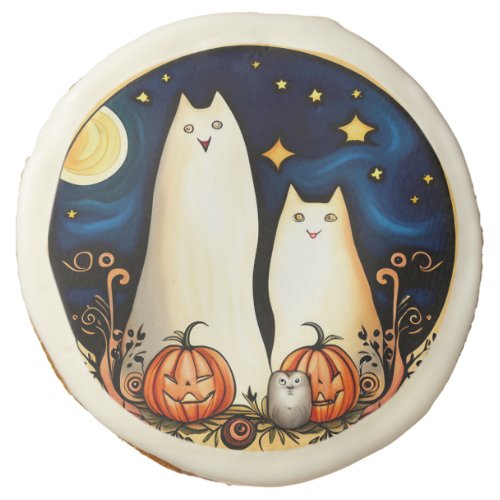 White Ghost Cats and Jack_o Lanterns Sugar Cookie