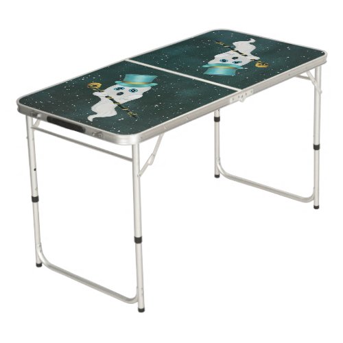White Ghost Funny Face Wearing Top Hat Skull Cane Beer Pong Table