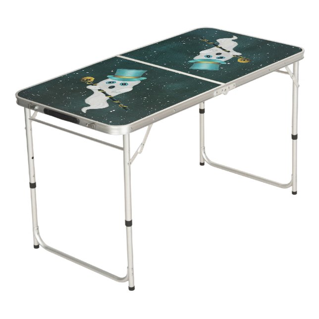 White Ghost Funny Face Wearing Top Hat Skull Cane Beer Pong Table (Angled)