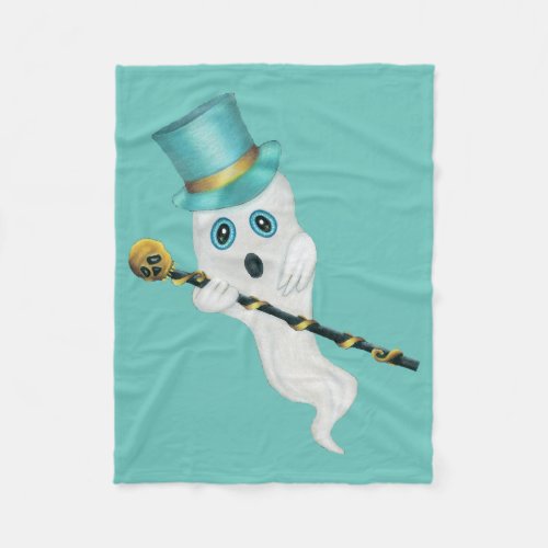 White Ghost in Top Hat With Silly Face Skull Cane  Fleece Blanket