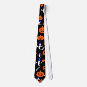 White ghost on head a hat with orange pumpkin neck tie