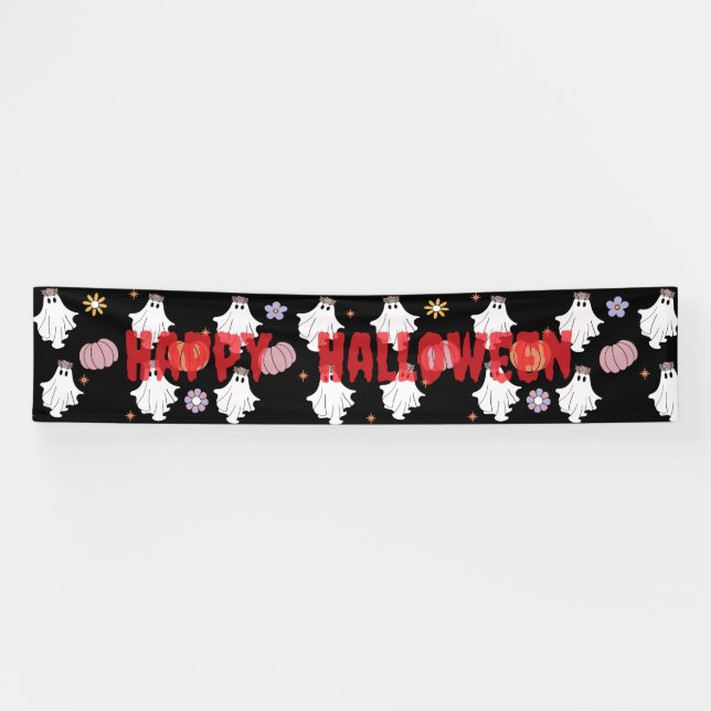 White Ghost & Pumpkin Banner – Halloween Decor (Horizontal)