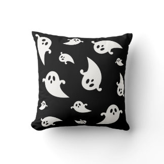 White Ghost Silhouettes On Black Spooky Halloween Throw Pillow