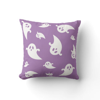 White Ghost Silhouettes On Purple Spooky Halloween Throw Pillow