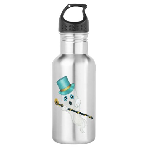 White Ghost Silly Face Blue Top Hat Skull Cane Stainless Steel Water Bottle