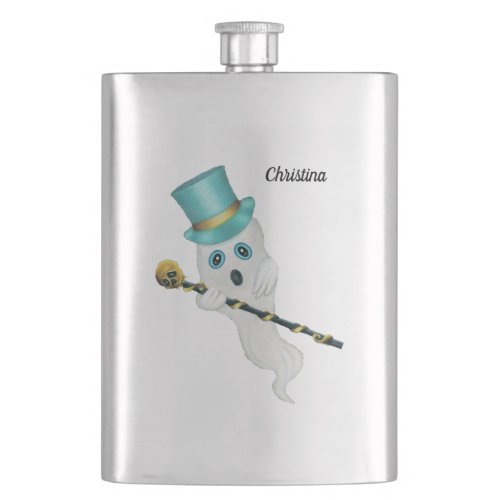 White Ghost Wearing Blue Top Hat  Cane Gold skull Flask