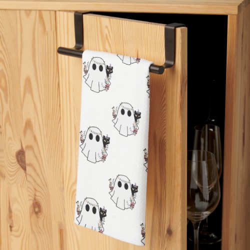 White Ghosts and Black Cats White Halloween Kitchen Towel