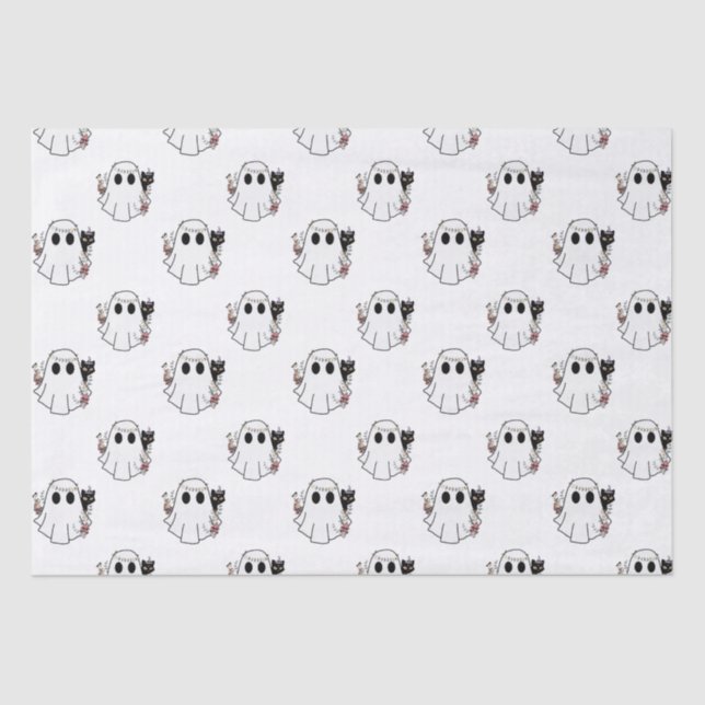 White Ghosts and Black Cats White Halloween Tissue Paper (Front)