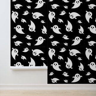 White Ghosts Pattern Spooky Black Halloween Wallpaper
