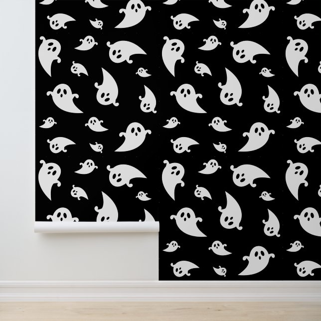 White Ghosts Pattern Spooky Black Halloween Wallpaper (Application)