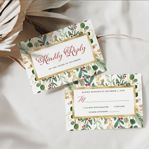 White Gilded Greenery  Christmas Wedding RSVP Card