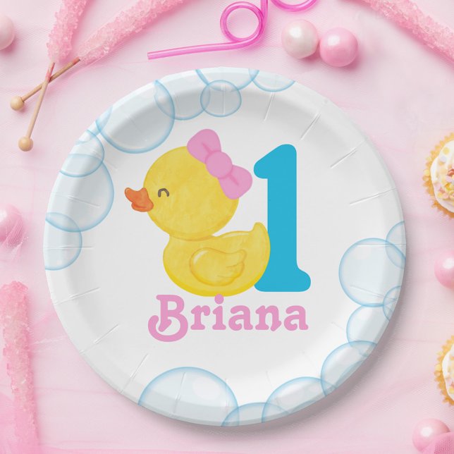 White Girl Rubber Duck Personalized Birthday Paper Plates (Girl Watercolor Rubber Duck Birthday Age Paper Plates)