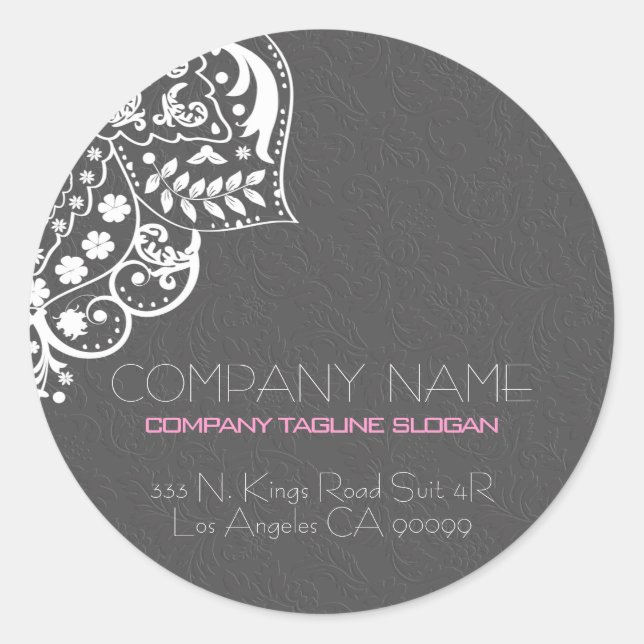 White Girly Lace Gray Floral Damask Classic Round Sticker (Front)