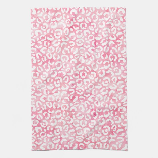 White Girly Pink Watercolor Leopard Print Kitchen Towel (Vertical)