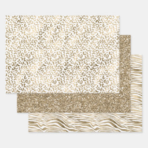 White Glam Gold Leopard Zebra Animal Print      Wrapping Paper Sheets