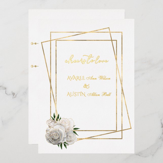  White Glam Roses and White and Gold  Foil Invitation (Front/Back)
