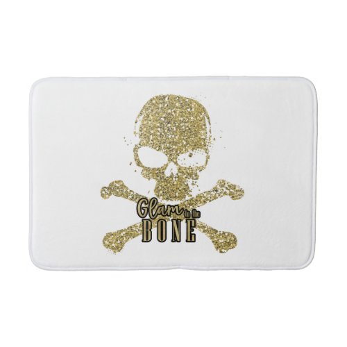 White Glam to the Bone Gold Glitter Skull Bath Mat