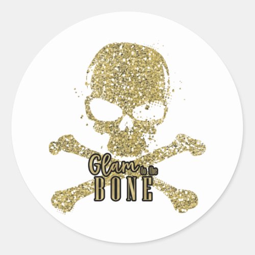 White Glam to the Bone Gold Glitter Skull Classic Round Sticker