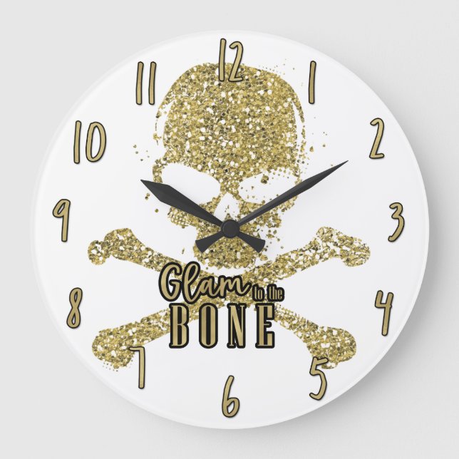White Glam to the Bone Gold Glitter Skull Large Clock (Front)