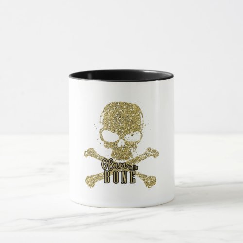 White Glam to the Bone Gold Glitter Skull Mug