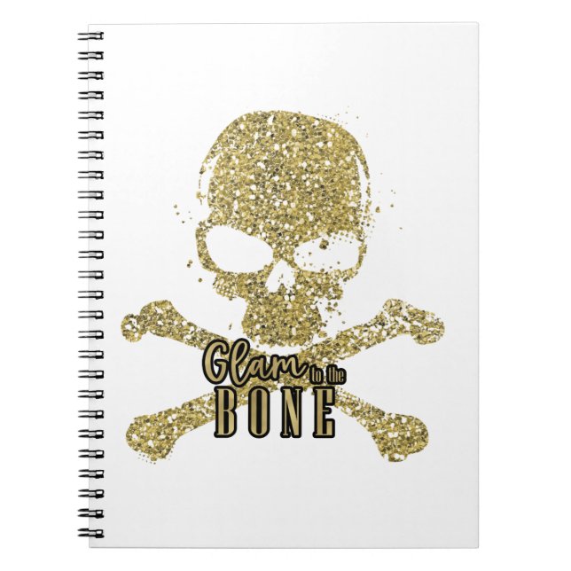 White Glam to the Bone Gold Glitter Skull Notebook (Front)
