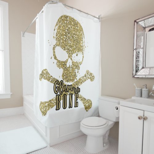 White Glam to the Bone Gold Glitter Skull Shower Curtain
