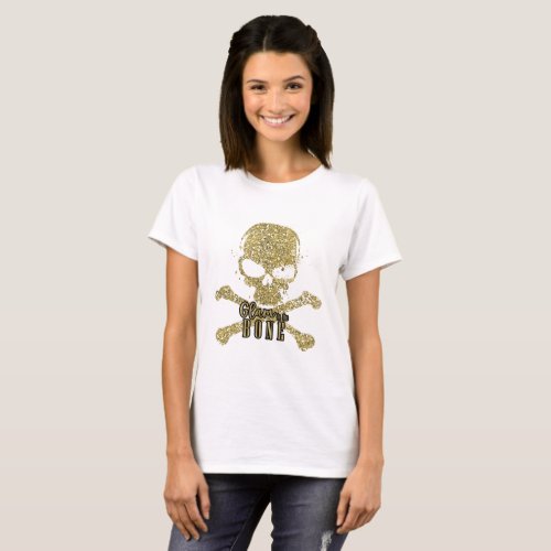 White Glam to the Bone Gold Glitter Skull T_Shirt