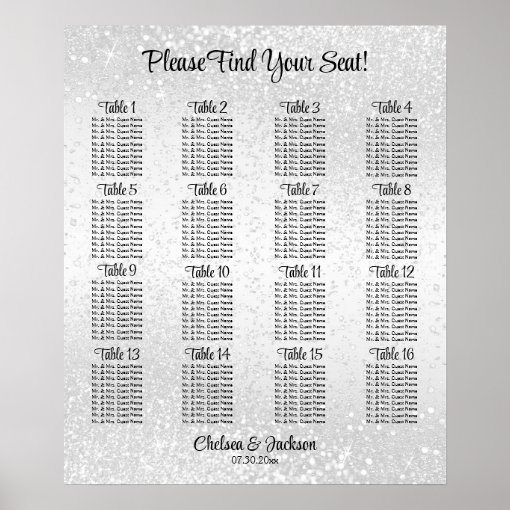 White Glitter 16 Seating Chart Zazzle