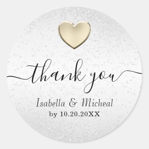 White Glitter and Gold Heart _ Thank You  Classic Round Sticker