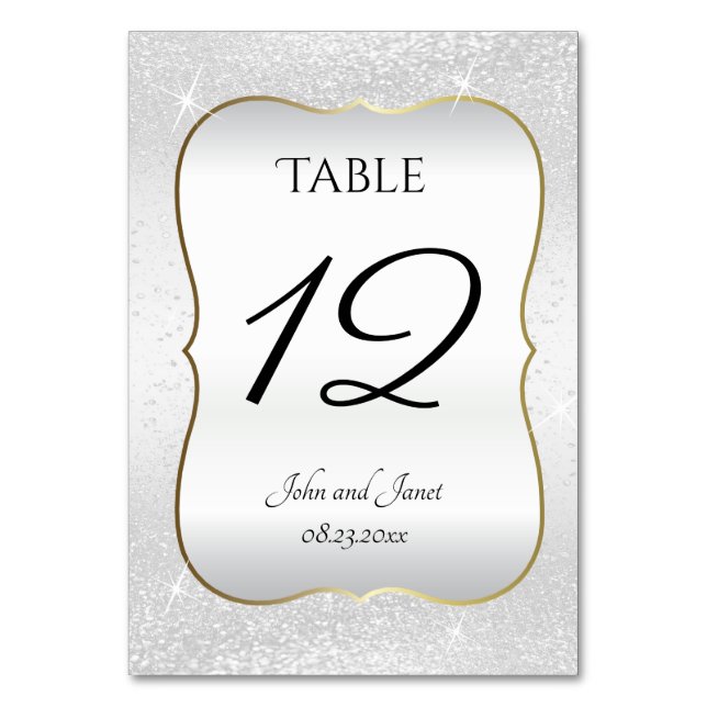 White Glitter and Gold Trim Table Number (Front)