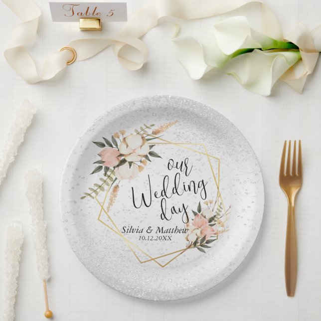 White Glitter and Peach Watercolor Floral  Paper Plates (Wedding)