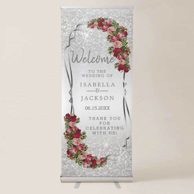 White Glitter and Red & Pink Rose Flowers Retractable Banner (Front)