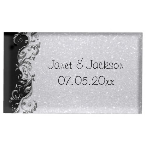 White Glitter Black and Silver Floral Wedding Place Card Holder