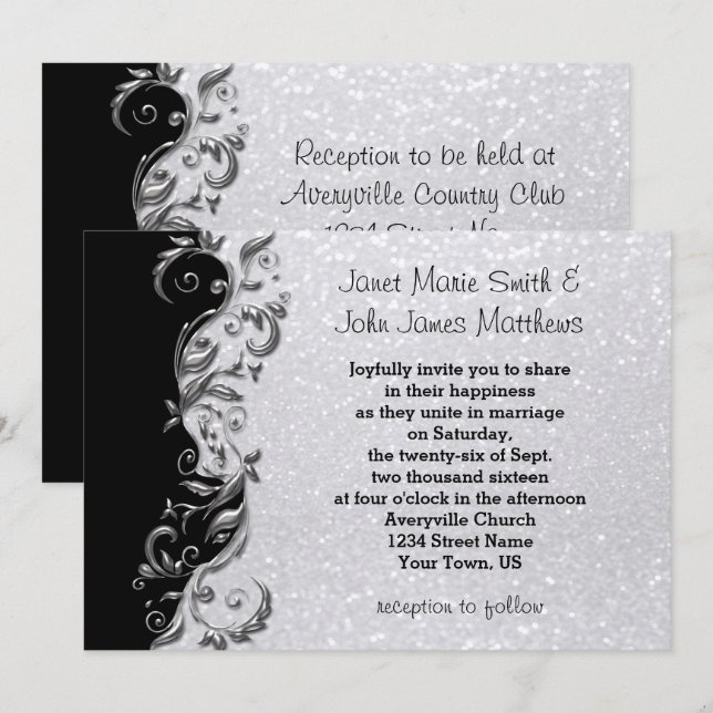 White Glitter, Black & Silver Floral Wedding Invitation (Front/Back)