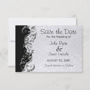 White Glitter, Black & Silver Floral Wedding Save The Date