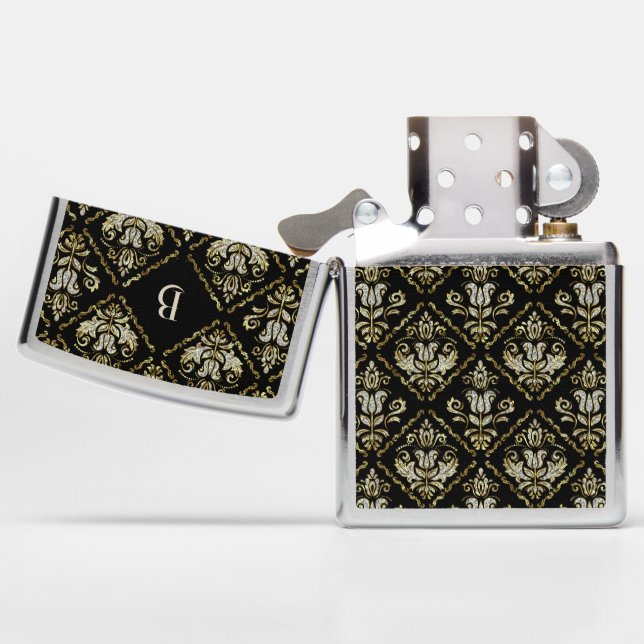 White Glitter, Gold Floral Damask Pattern Zippo Lighter (Opened)