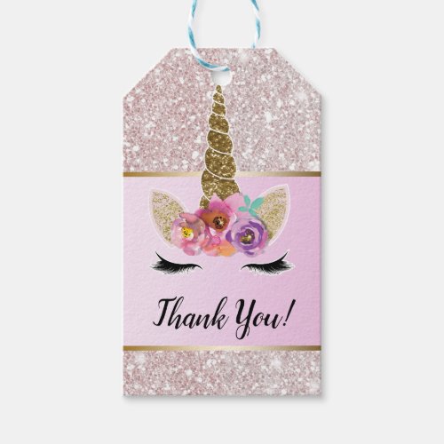 White Glitter Gold Glam Unicorn Floral Pink Party Gift Tags