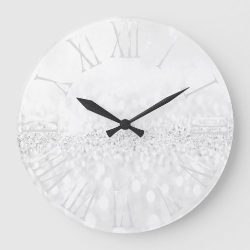 White Glitter Grey Metallic Silver Roman Number Large Clock