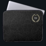 White glitter Laure wreath monogram Laptop Sleeve<br><div class="desc">White faux glitter texture laure wreath on a black damasks background. Optional monogram.</div>