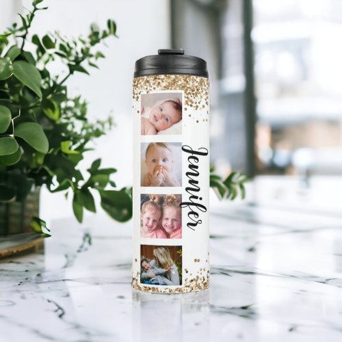 White glitter photo grid collage Thermal Tumbler