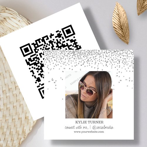 White Glitter  Photo  Social Media  QR Code   Square Business Card