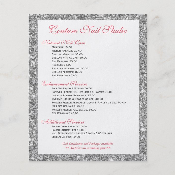 White Glitter Print Nails Menu List