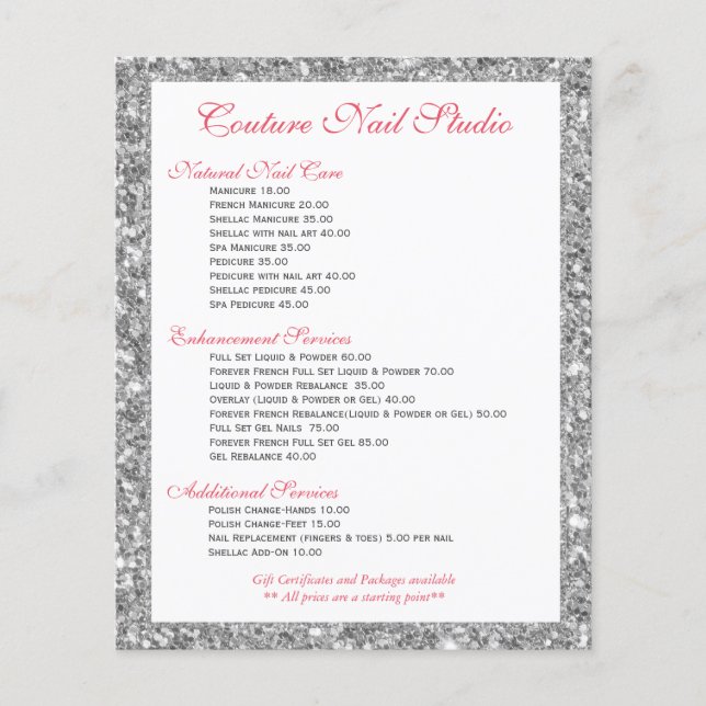 White Glitter Print Nails Menu List Flyer (Front)