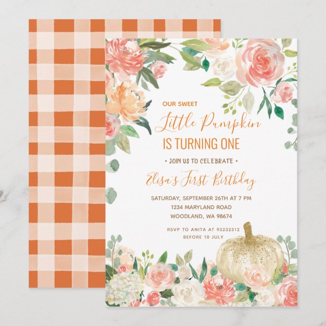 White Glitter Pumpkin With Floral Birthday  Invitation (Front/Back)